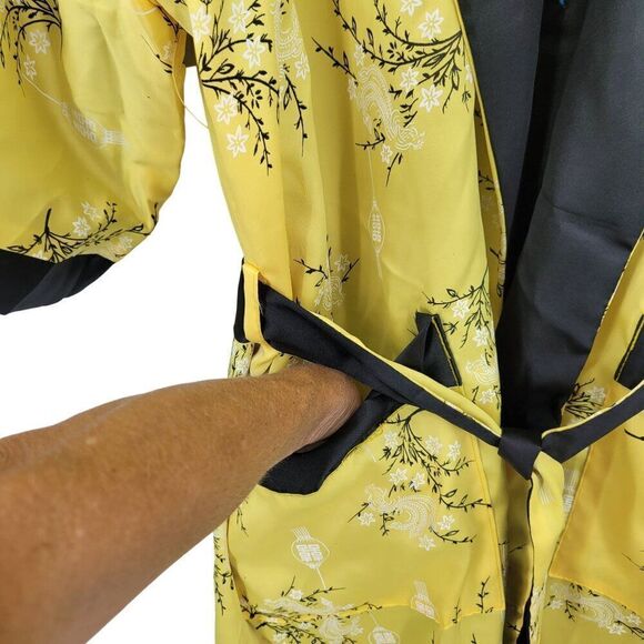 Reversible Kimono Robe L Black Embroidered Dragon Yellow Floral Asian Unisex - Picture 11 of 16